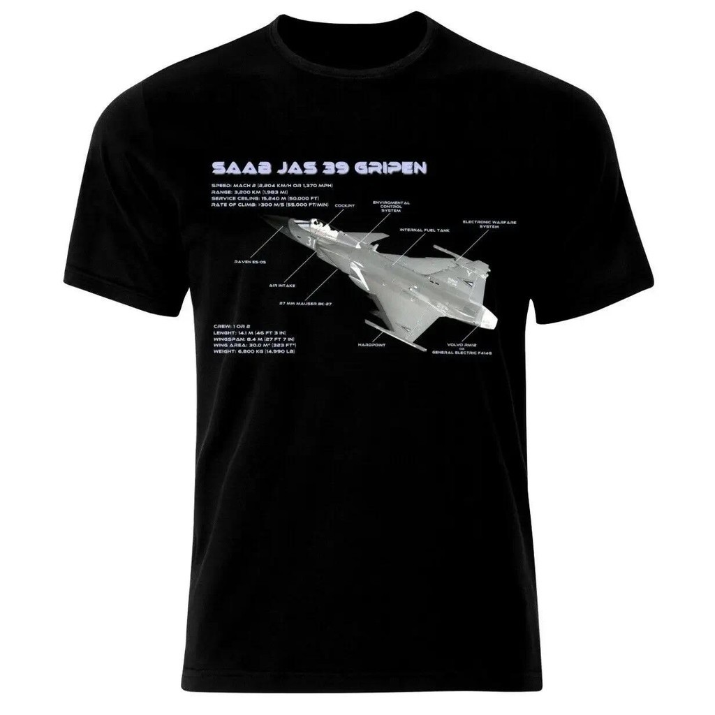 เสื้อยกระดับดีไซน์ SAAB JAS 39 Gripen Tech T สีดำ พิมพ์ลายข้อมูลเครื่องบินเจ็ต