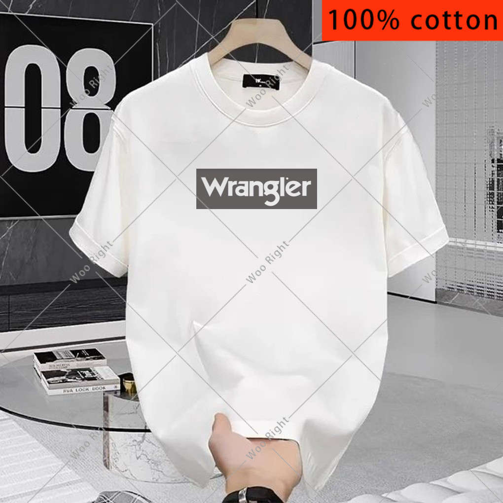 (จัดส่งตลอด 24 ชั่วโมง)Woo Right ฤดูร้อนผู้ชายผ้าฝ้ายเสื้อยืดคอกลม "Wrangler" พิมพ์แขนสั้นหลวม ๆ ด้านบน