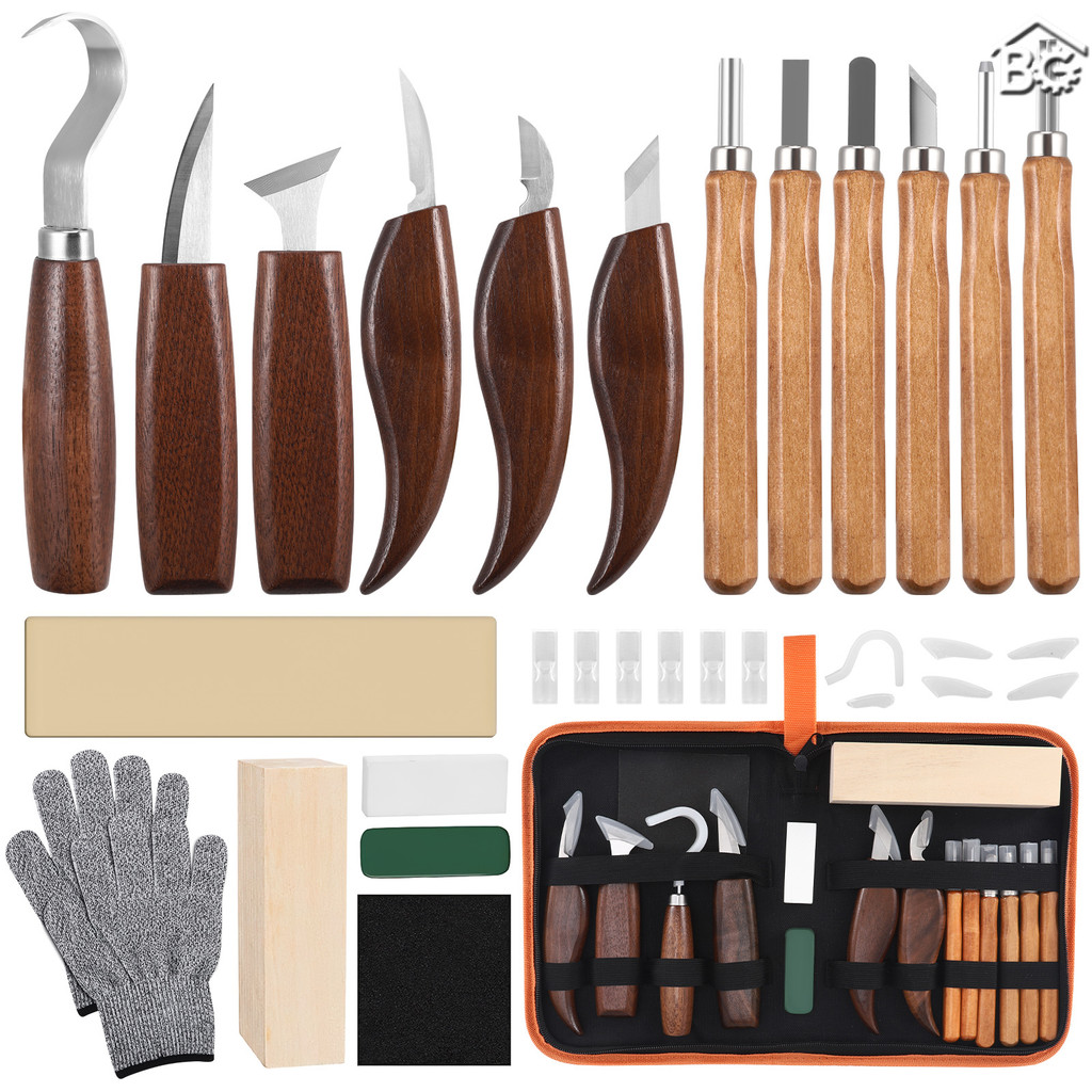 ชุดเครื่องมือแกะสลักไม้ราคาถูกที่สุด, 19 In 1 พร้อมมีดแกะสลัก 12 ชิ้น, สําหรับผู้เริ่มต้น/มืออาชีพแกะสลักด้วยถุงมือกันบาด, กระดาษด้านและหินลับคม, Lea