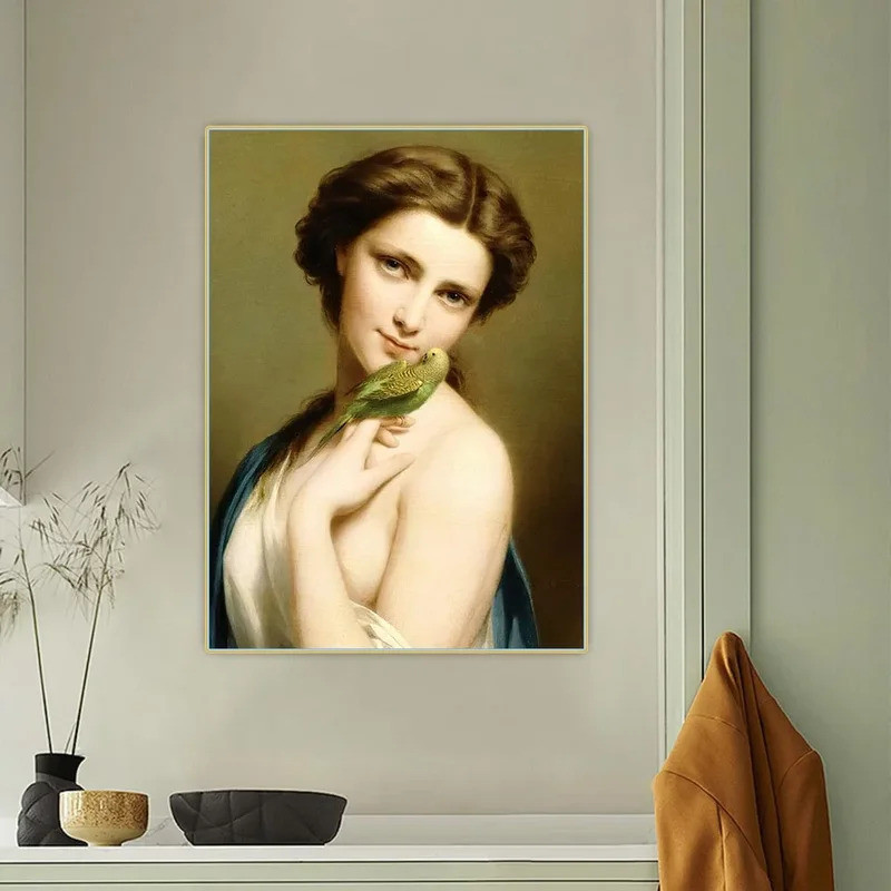 ภาพวาดสีน้ำมัน Fritz Zuber-Buhler "ความงามหนุ่มกับ Parakeet" บนผ้าใบ สำหรับประดับบ้าน Q9V6