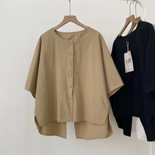 [เสื้อโอเวอร์ไซส์] (40-150 กก.) ผู้หญิงฤดูร้อนผ้าลินินอสมมาตรชายเสื้อกรีดวางเสื้อวินเทจขนาดบวกเสื้อหลวมแฟชั่นสวมใส่