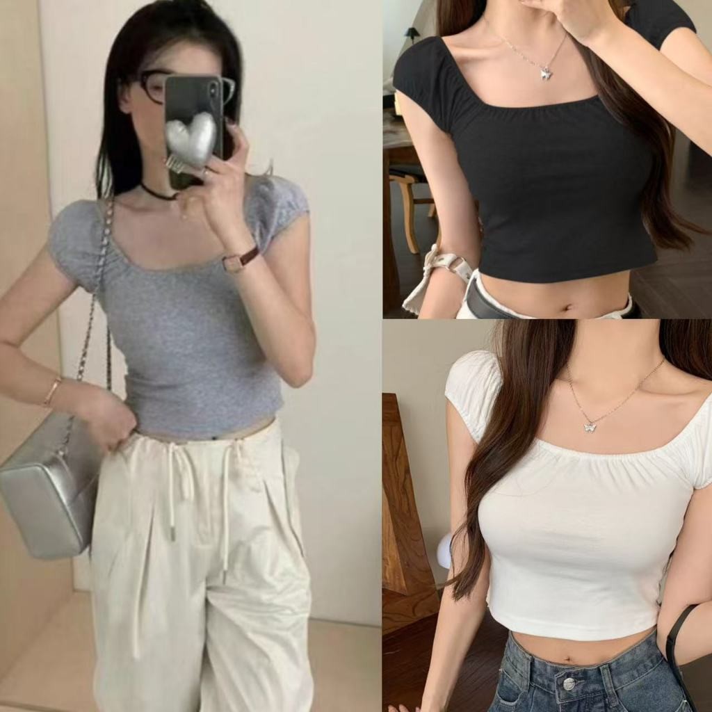 DOMI เสื้อสีเทาคอยู เสื้อเบสิค เข้ารูปกระชับสัดส่วน Clothing Lady ผู้หญิง Women