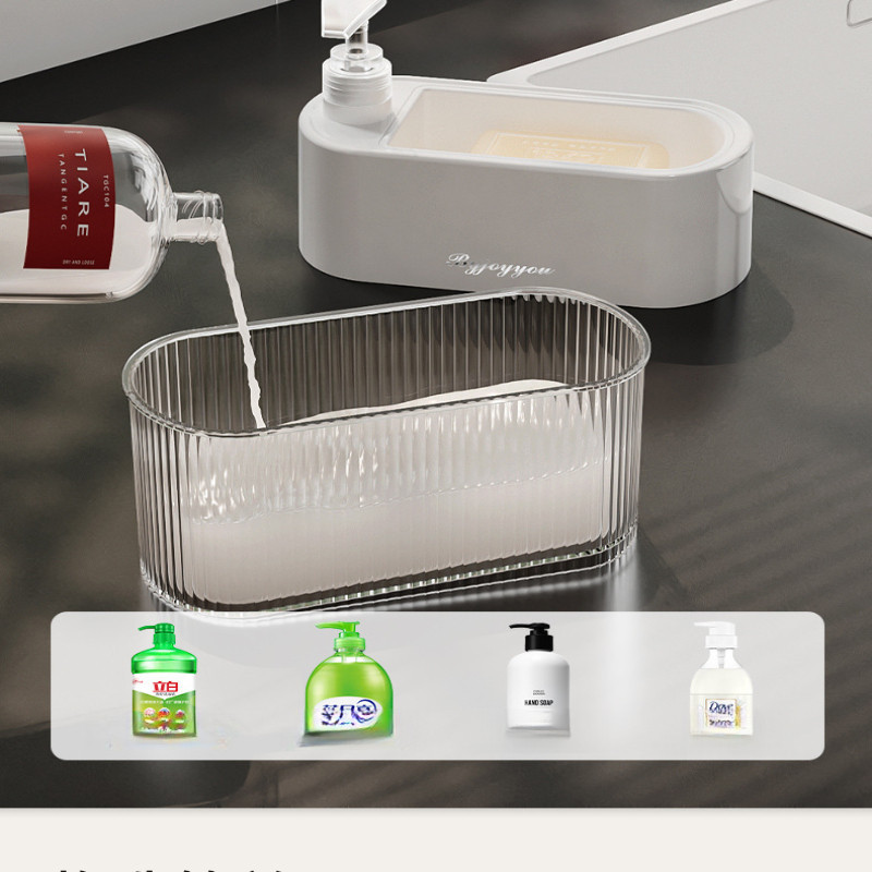 เครื่องจ่ายสบู่เหลวล้างจานในครัวพร้อมที่ใส่ฟองน้ำ เครื่องจ่ายสบู่เหลวแบบปั๊ม 2-in-1 บนเคาน์เตอร์สำหรับอ่างล้างจานในครัว - รูปที่ 2