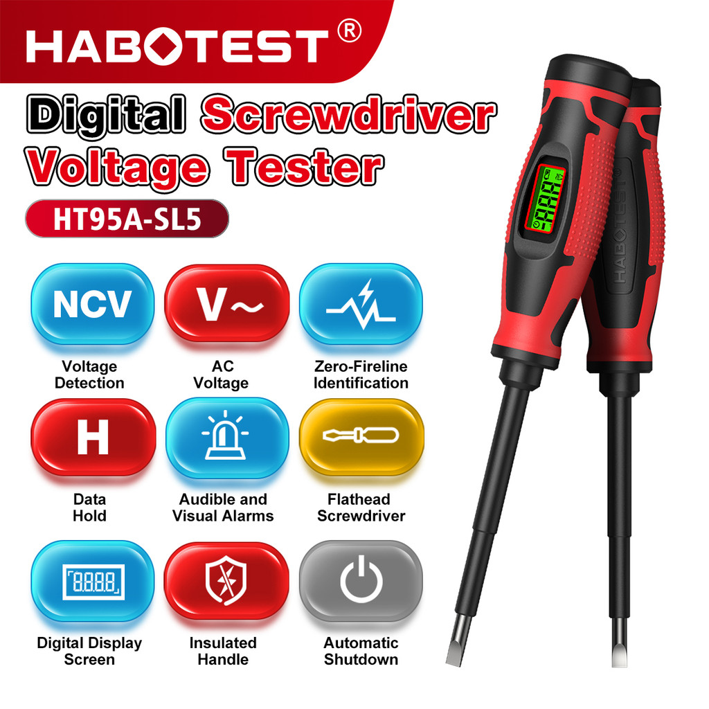 HABOTEST HT95A-SL5 เครื่องวัดแรงดันไฟฟ้าไขควงพร้อมฟังก์ชั่น 2-in-1 6v-390V แรงดันไฟฟ้า AC NCV ดาวน์โหลดจอ LCD เหมาะสําหรับการทดสอบไฟฟ้าในบ้านและอุตสาหกรรม