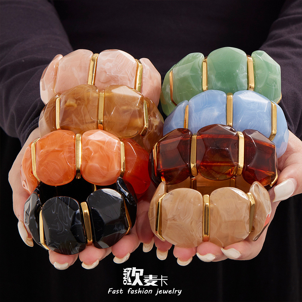 สร้อยข้อมือยืดได้มีตัวเรซิ่นขนาดใหญ่จากสแตนเลส เครื่องประดับสำหรับฤดูร้อน Omaka Ins