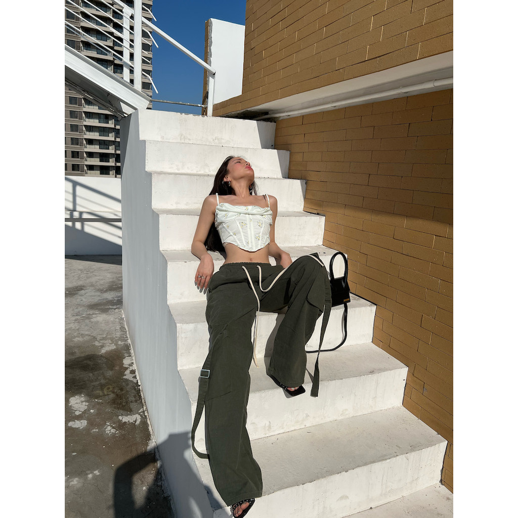 KKSHOP อเมริกันย้อนยุคหลวมตรงหลวมฤดูใบไม้ผลิฤดูใบไม้ร่วงยุโรปอเมริกัน High Street Wide-Leg Drawstrin