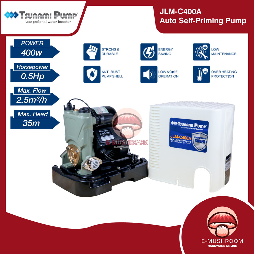 Tsunami JLM-C400A ปั๊มอัตโนมัติอัจฉริยะพร้อมฝาครอบกันน้ํา 400W (0.5Hp)