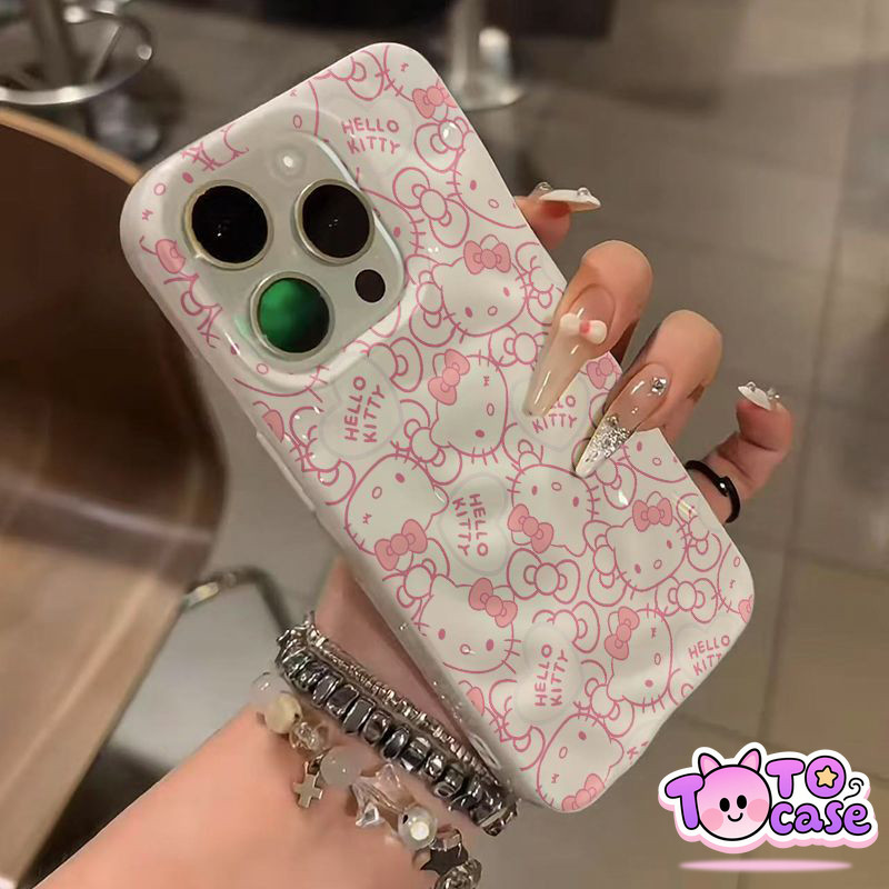 เคสไอโฟน 12 สำหรับ IPhone 15 11 14 13 16 Pro Max 15 7 14 16 8 Plus X XR XS Max หวานสวัสดีคิตตี้ปมธนู ปกคลื่นรัฟเฟิล