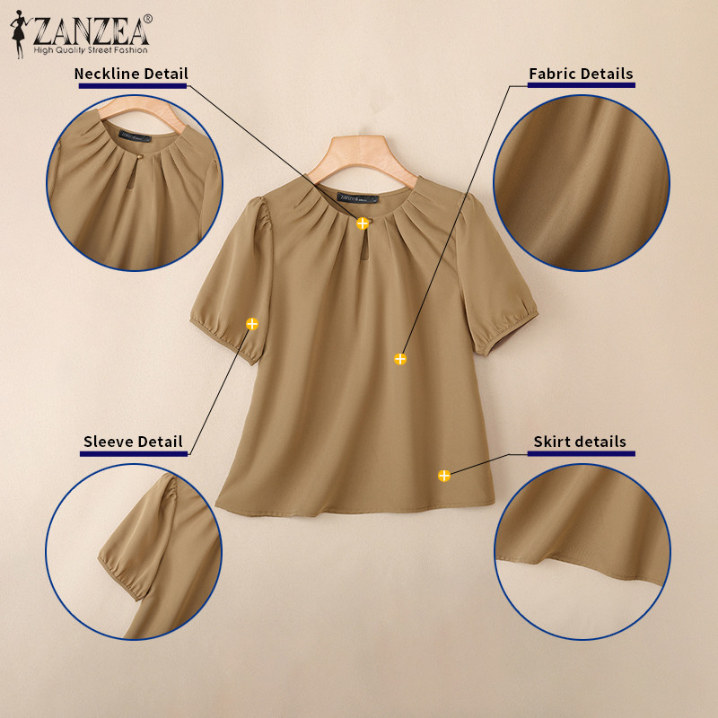 ZANZEA สไตล์เกาหลีสำหรับผู้หญิง คอปอมแขนสั้น เสื้อลายคราม pleated neckline — صورة 7