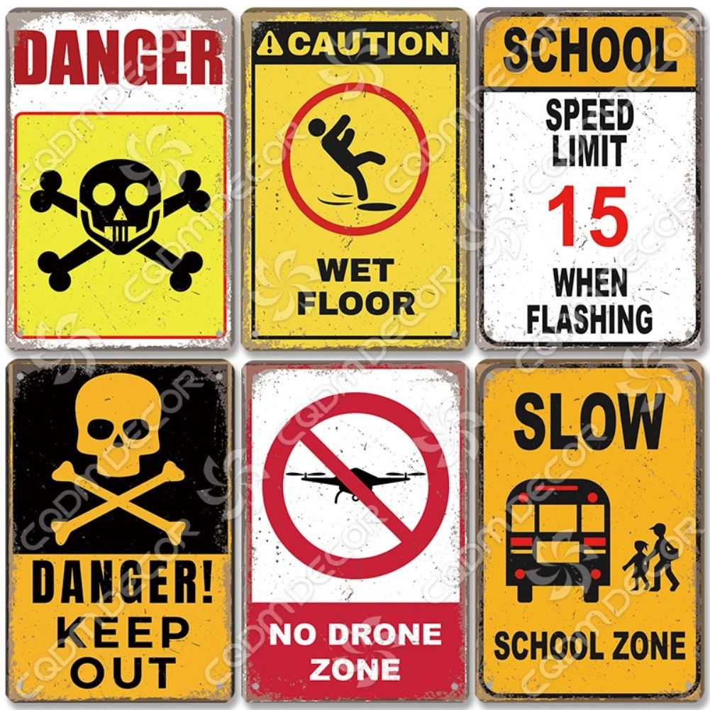 Tin Sign Metal Plaque Caution Hight Voltage Keep Out Slow Down Vintage Poster School Mall Home Wall 