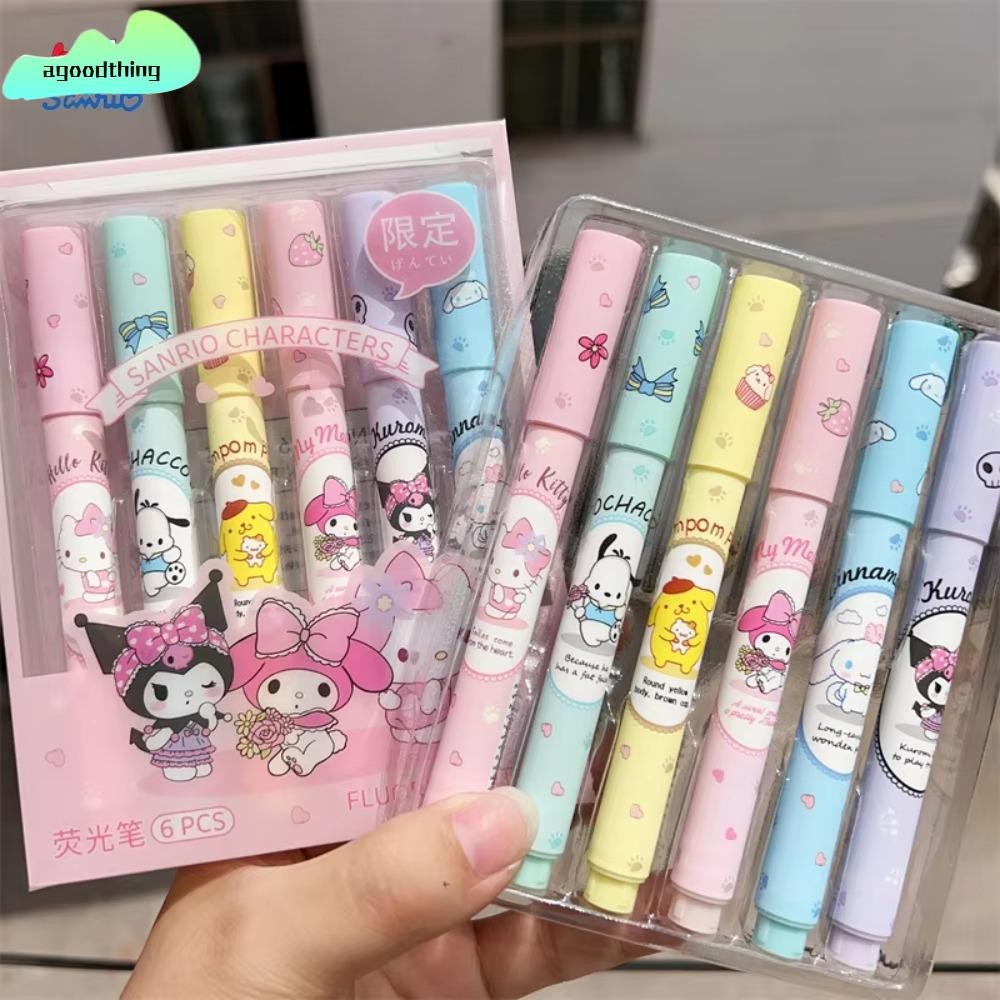 AGOODTHING 6 ชิ้นชุดปากกาไฮไลท์, ของขวัญนักเรียนน่ารักการ์ตูน Markers เครื่องเขียน, Mymelody Kuromi Cinnamoroll Hello Kitty Mark Key Points ปากกาสี Marker ปากกาเด็กชาย/หญิง