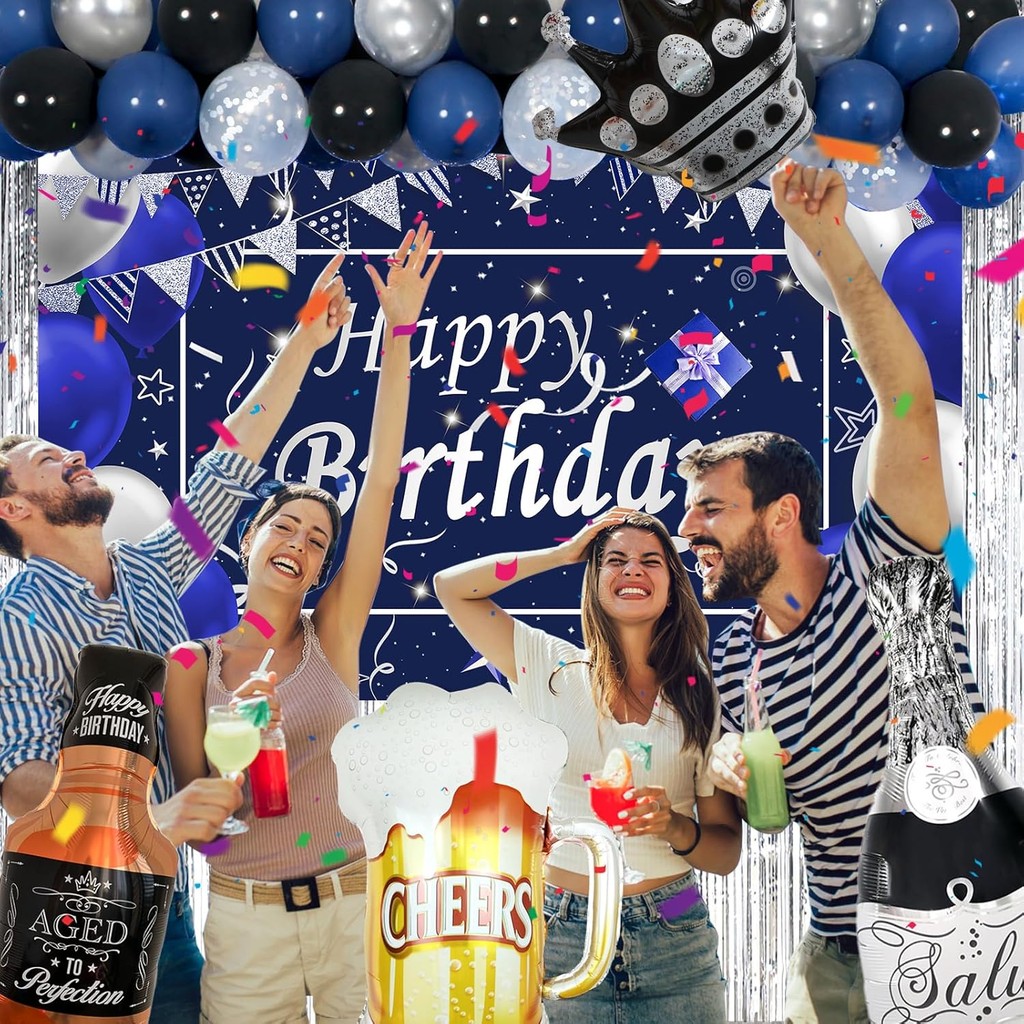 Blue Happy Birthday ตกแต่งสําหรับชาย, 89 ชิ้นสีฟ้าสีดําวันเกิดตกแต่งชุดฉากหลังแบนเนอร์ฟอยล์บอลลูน Fr