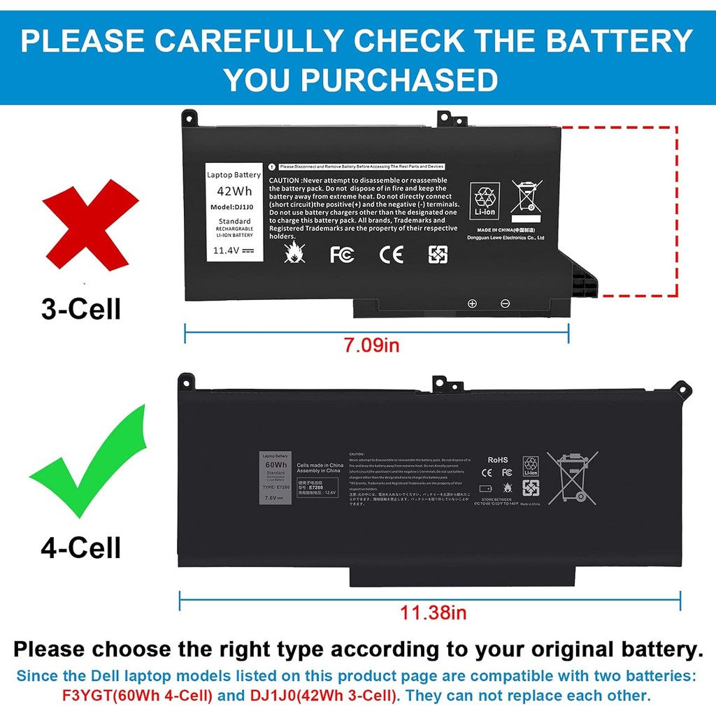 60Wh F3YGT แบตเตอรี่แล็ปท็อปสําหรับ Dell Latitude 12 7000 7280 7290/13 7000 7380 7390 P29S002/14 700