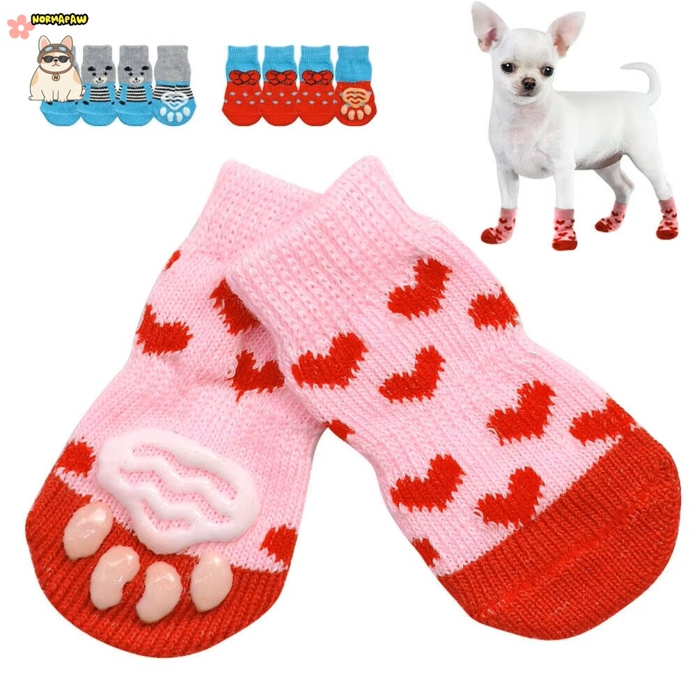 4 ชิ้น/เซ็ตสัตว์เลี้ยงสุนัขถุงเท้า Anti-Slip ถักสุนัขขนาดเล็กหนา Warm Paw Protector น่ารัก Puppy Cat ในร่มสวมใส่ Boot ถุงเท้าสุนัข