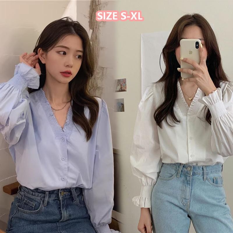 ohho เสื้อเชิ้ตแขนพองสไตล์ฝรั่งเศส คอวี ทรงเข้ารูป เก๋ไก๋ สไตล์ฤดูใบไม้ร่วงใหม่#99179
