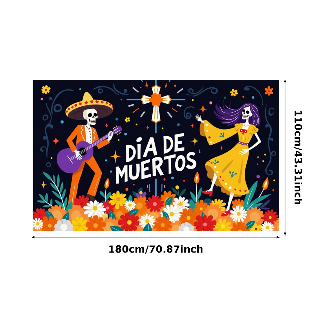 Day of The Dead ฉากหลัง,70.8 x 43.3 นิ้วเม็กซิกัน Dia DE Los Muertos Party Banner, Fiesta Sugar Skull Day of The Dead Banner Party ตกแต่งอุปกรณ์ - รูปที่ 4