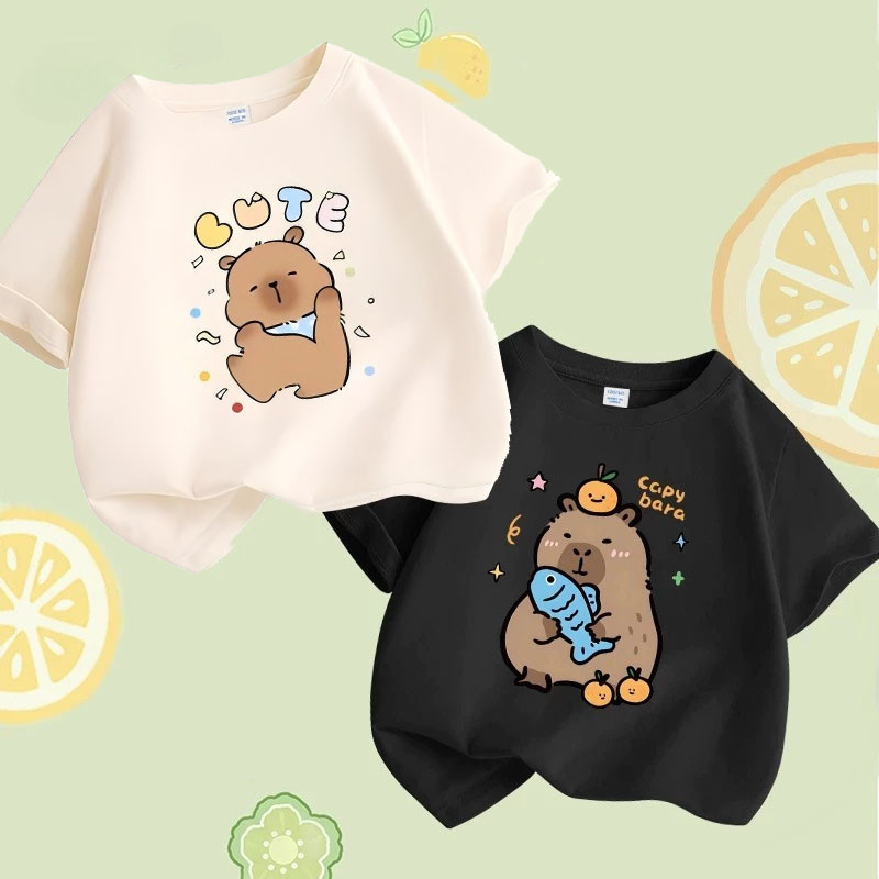 สาวเสื้อยืดลําลองแฟชั่นแขนสั้นเสื้อยืดนุ่มสบายระบายอากาศ,กับ คาปิบาระ พิมพ์ ไม่จํากัดเพศ สากล