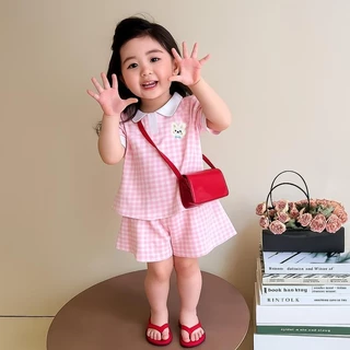 DOlemi Baby ชุดเสื้อ เสื้อแขนสั้น+ กางเกงขาสั้น ชุดเซตน่ารัก ลายสก็อต สไตล์เกาหลี ใหม่ สำหรับเด็กหญิง