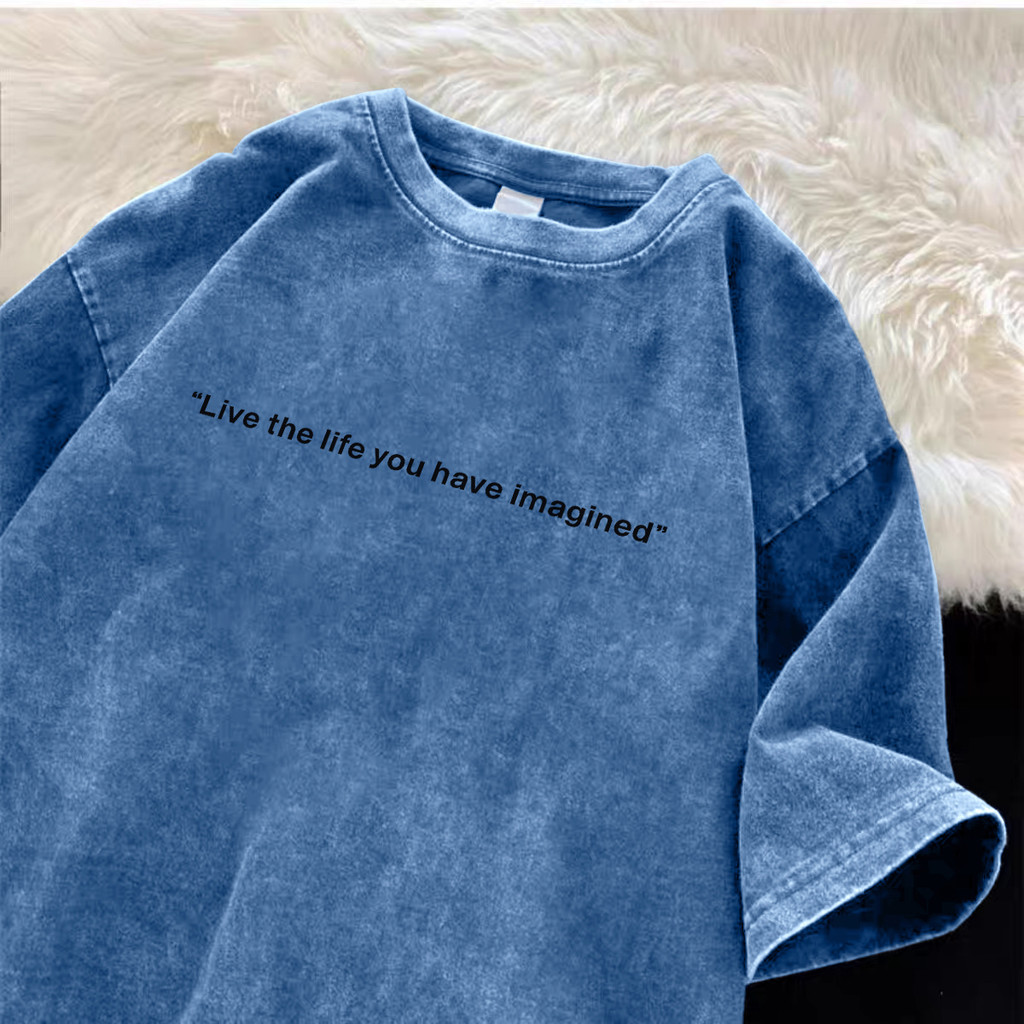 Pofloret เสื้อยืดฟอก ลายการ์ตูน oversize ผ้าฟอกวินเทจ น้ำเงิน สไตล์ฮิปฮอป เรโทร (ตัวอักษรสีดำสบาย ๆ พิมพ์รูปแบบ) G000756