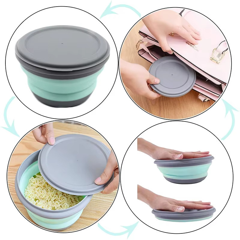 ღ ชุดชาม 3 ชิ้น/ชุด กล่องอาหารกลางวันพับได้ซิลิโคน ชามสลัดซิลิโคนแบบพกพา พร้อมฝาปิด - รูปที่ 5