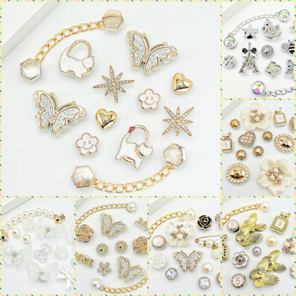 เครื่องประดับรองเท้า.Cross Jibbilz Charms สำหรับรองเท้าชายหาด ลายดอกไม้และผีเสื้อพร้อมชุดกระเป๋าแบบแมว