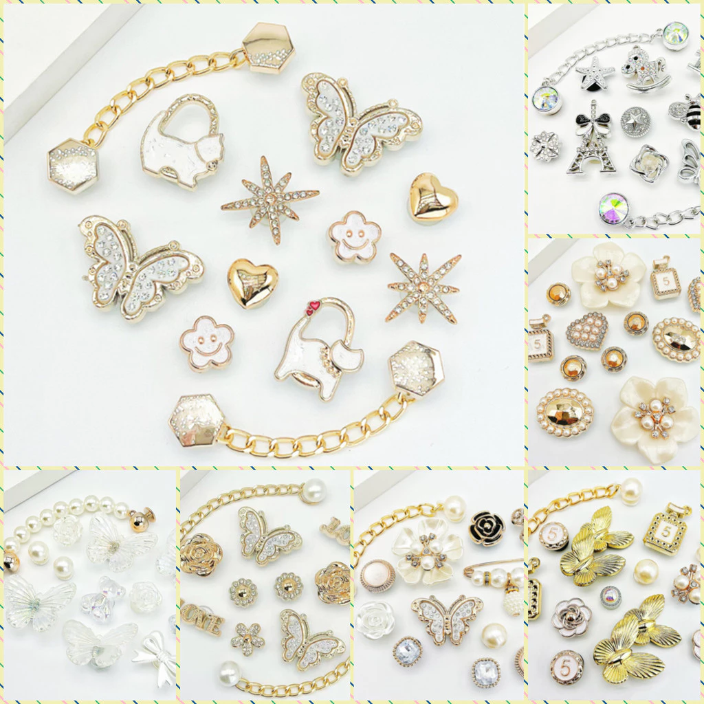 เครื่องประดับรองเท้า.Cross Jibbilz Charms สำหรับรองเท้าชายหาด ลายดอกไม้และผีเสื้อพร้อมชุดกระเป๋าแบบแมว