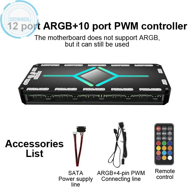 Xo94ol 12-port ARGB & 10-port PWM Controller พัดลมคอมพิวเตอร์ควบคุมอุณหภูมิหม้อน้ํา Hub 5V 3-pin Con