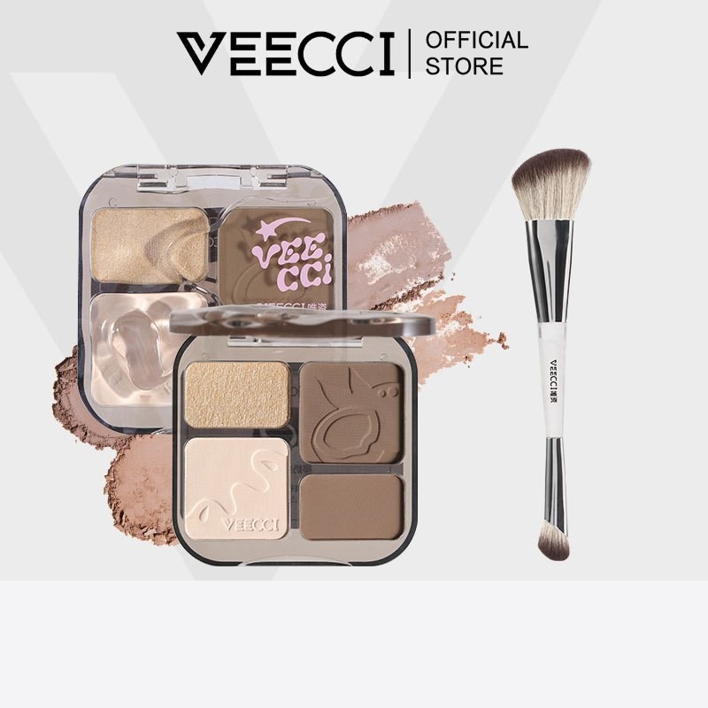 VEECCI คอนทัวร์ ไฮไลท์ จานสี + แปรงคอนทัวร์ 4 in 1 ชิมเมอร์ เคลือบ ไฮไลท์จมูก บรอนเซอร์ ธรรมชาติ คอน