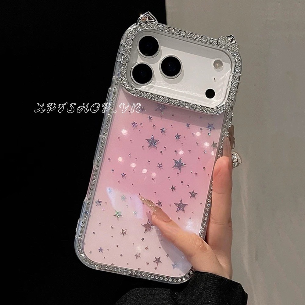 ไล่โทนสีเลเซอร์ดาวสองด้านเพชรหูแมวเคสโทรศัพท์สําหรับ ไอโฟน 17โปรแม็กซ์ 16 15 14 13 12 กันกระแทกป้องกันปลอก