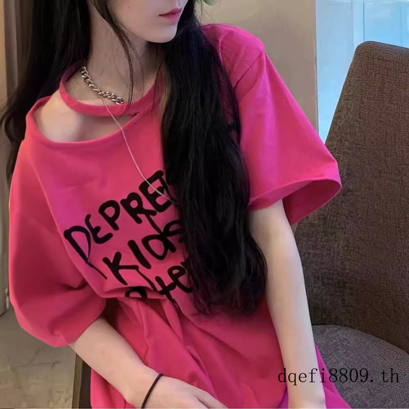 เสื้อยืดแขนสั้นสีแดงกุหลาบผู้หญิงฤดูร้อนสไตล์ฮาราจูกุออกแบบซอกหลวมเวอร์ชั่นเกาหลีเก๋สไตล์ขี้เกียจด้า