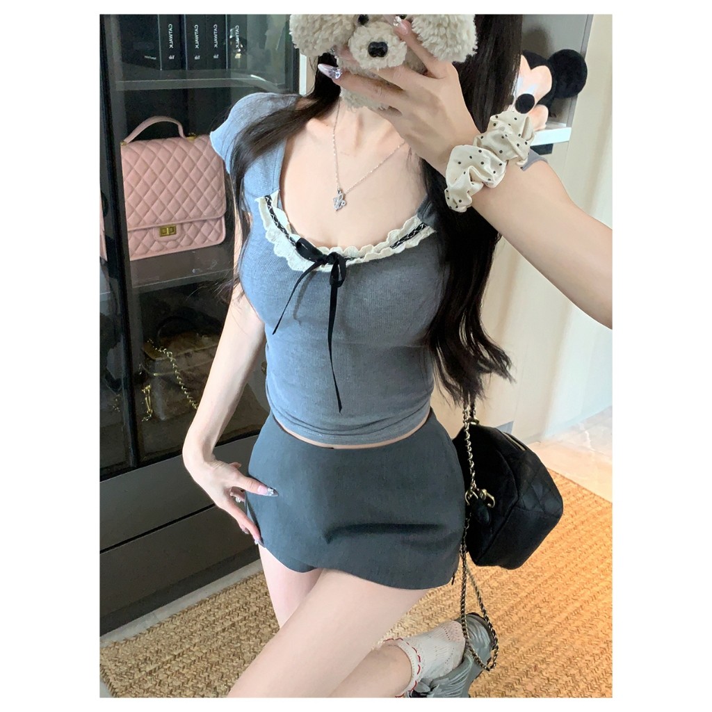 Bella shop เสื้อยืดสวยๆผู้หญิง เสื้อยืดเข้ารูป แต่งโบว์ แต่งขอบลูกไม้คอวี เซ็กซี่ สไตล์เกาหลี - รูปที่ 6