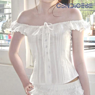 【CSND】เสื้อยืดลูกไม้คอวีสีขาว ทรงเข้ารูป สไตล์ฝรั่งเศสย้อนยุค ดูแพง ระบายอากาศดี ราคาน่ารัก S-L