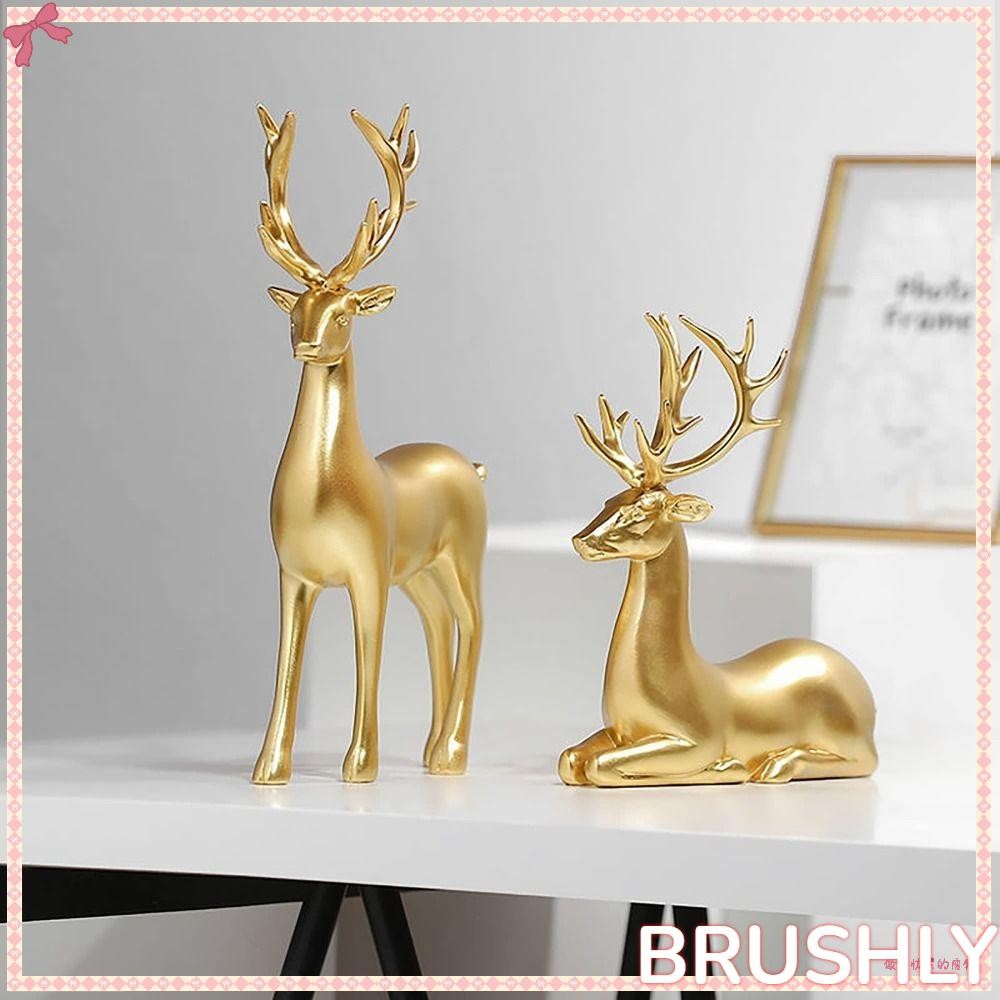 BRUSHLY 2 ชิ้นคริสต์มาส Reindeer ตุ๊กตา,นั่งยืนกวาง Miniature Figurine Elk ประติมากรรม,เรซิ่นกวางรูปปั้นห้องนอน