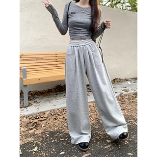 Hotgirl พร้อมส่ง กางเกงวอร์มผู้หญิง กางเกงขายาว ใส่แล้วดูผอม รุ่นสูง ขากว้างทรงตรง สีพื้น ดีไซน์เชือกรูด