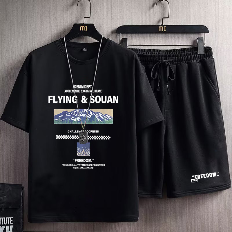 2025 NEW 2025 Summer New Ethnic Style Fashion Youth Printed Set Short Sleeve T-Shirt Men's Youth Rou