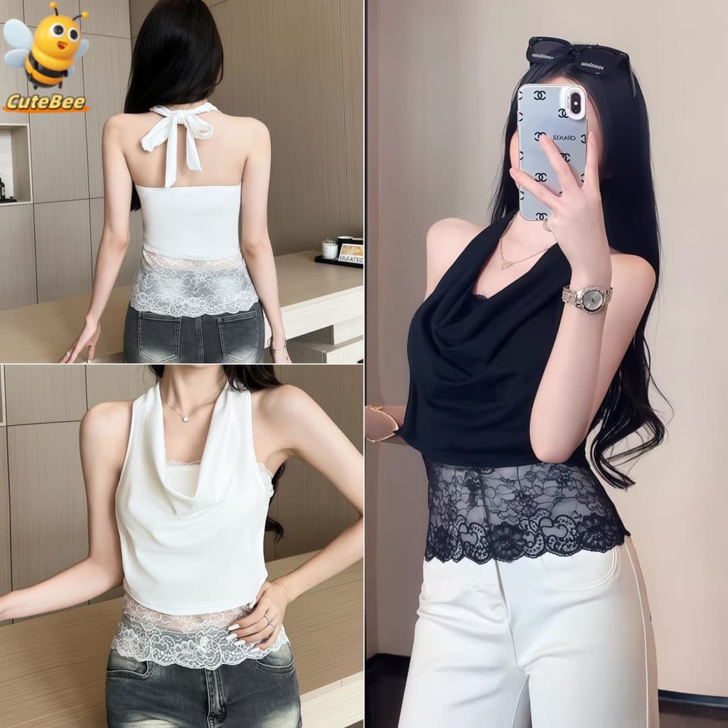 🐝CuteBee🐝24/9 เสื้อคล้องคอ น่ารักมาก สีพื้นผ้านุ่มนิ่ม ดีเทลแต่งลูกไม้ มีฟองน้ำในตัว เสื้อเปิดไหล่' 