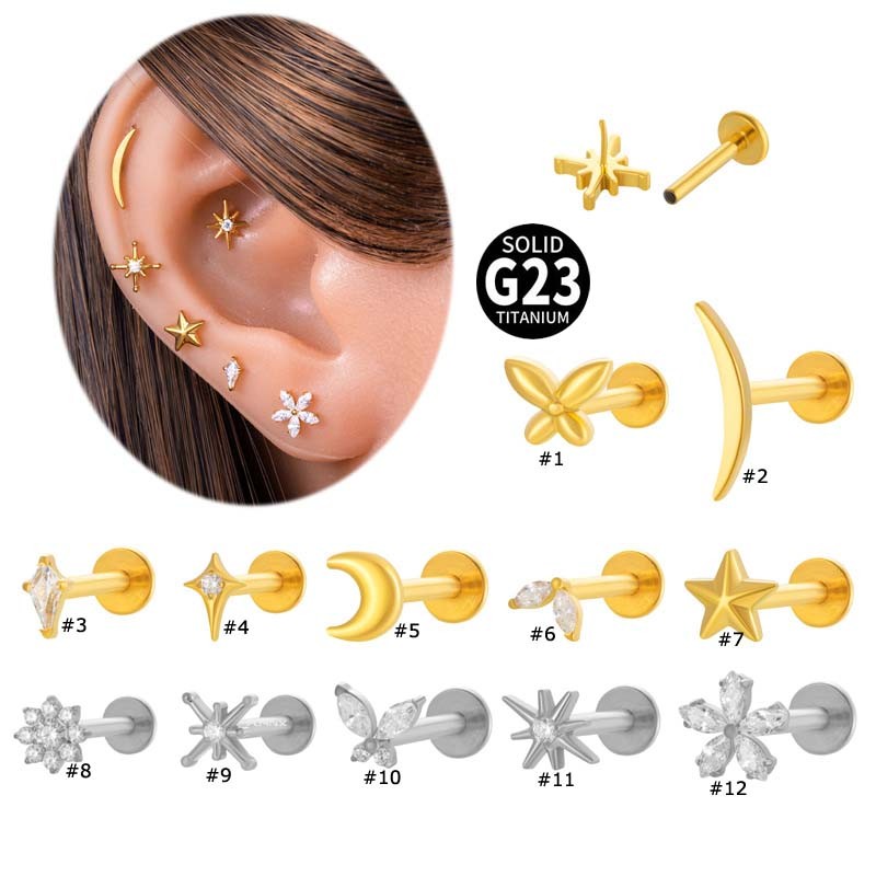 Moon ดอกไม้ผีเสื้อ G23 ทรง.Threadless ขนาด 16 Gauge สวมได้หลายตำแหน่ง Helix, Pinna, Lobe ทำจากTitanium