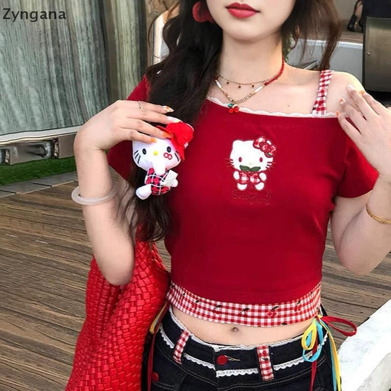 Zyngana เสื้อยืดฤดูร้อนผู้หญิง Chic Y2K ปิดไหล่แขนสั้น Slim Crop Top TH