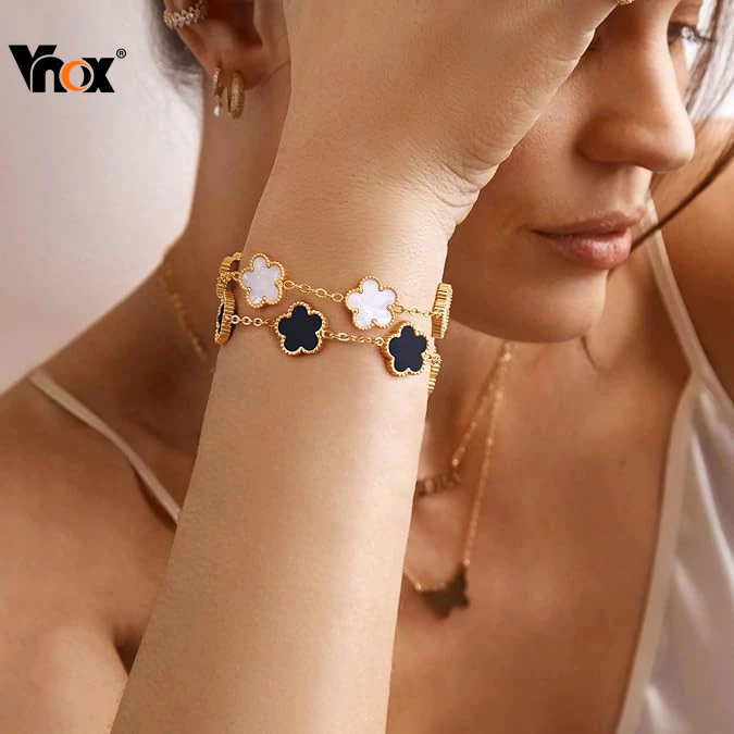 VNOX วีน็อกซ์ สร้อยข้อมือดอกไม้ชุบทอง 18K สแตนเลสไม่ขัด พร้อมโซ่ปรับได้ เหมาะสำหรับเป็นของขวัญในโอกาสพิเศษ