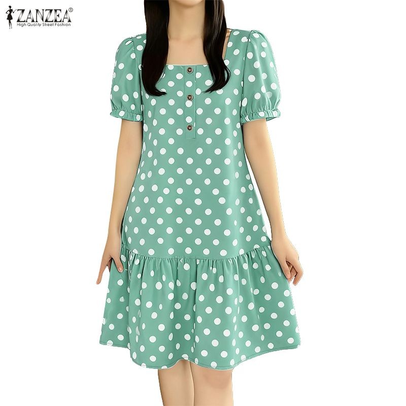 ZANZEA ชุดเดรสลายจุด คอเหลี่ยม สไตล์เกาหลีสำหรับผู้หญิง