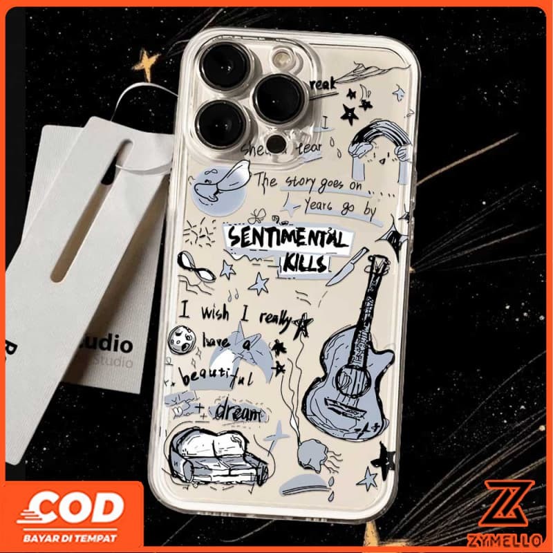เหมาะสําหรับ Vivo V60 V50 V50 LITE V40 V40 LITE Y19S Y04 Y29 Y29S V29 V30 Y03 Y18 Y200Black Graffiti กีตาร์ภาพประกอบโปร่งใสกันกระแทก TPU เคสโทรศัพท์