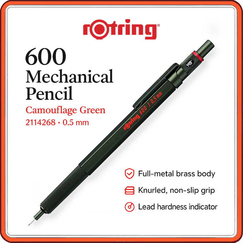 Rotring 600 Mechanical Pencil 0.5 mm – Full-Metal Brass Drafting Pen with Knurled Grip, Lead-Hardnes