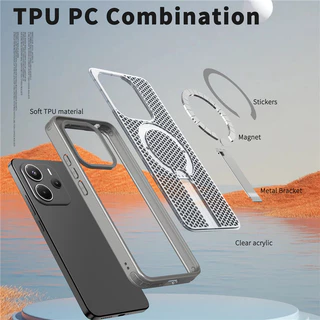 เคสโทรศัพท์ตาข่ายกลวงสําหรับ XIAOMI 15T 14T Pro POCO C75 4G/5G C71 M6 Pro การกระจายความร้อนแม่เหล็กฝาครอบป้องกันวงเล็บโลหะ anti drop shell
