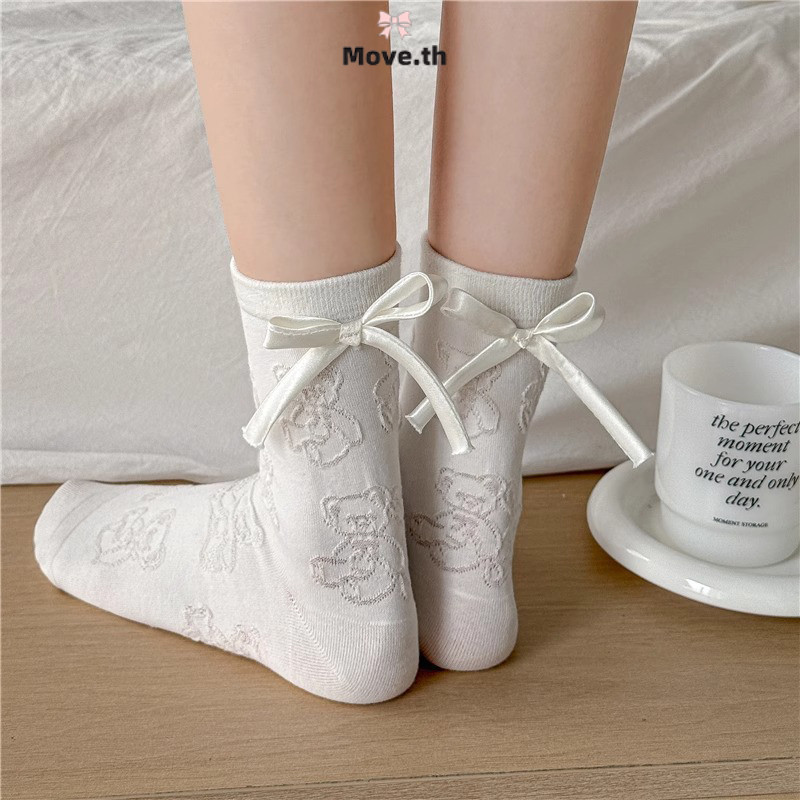 ในไทย-พร้อมส่ง✨ถุงเท้าสไตล์บัลเล่ต์สำหรับสาวหวาน สีขาวมีโบว์และตาข่าย ระบายอากาศได้ดี-Move - รูปที่ 7