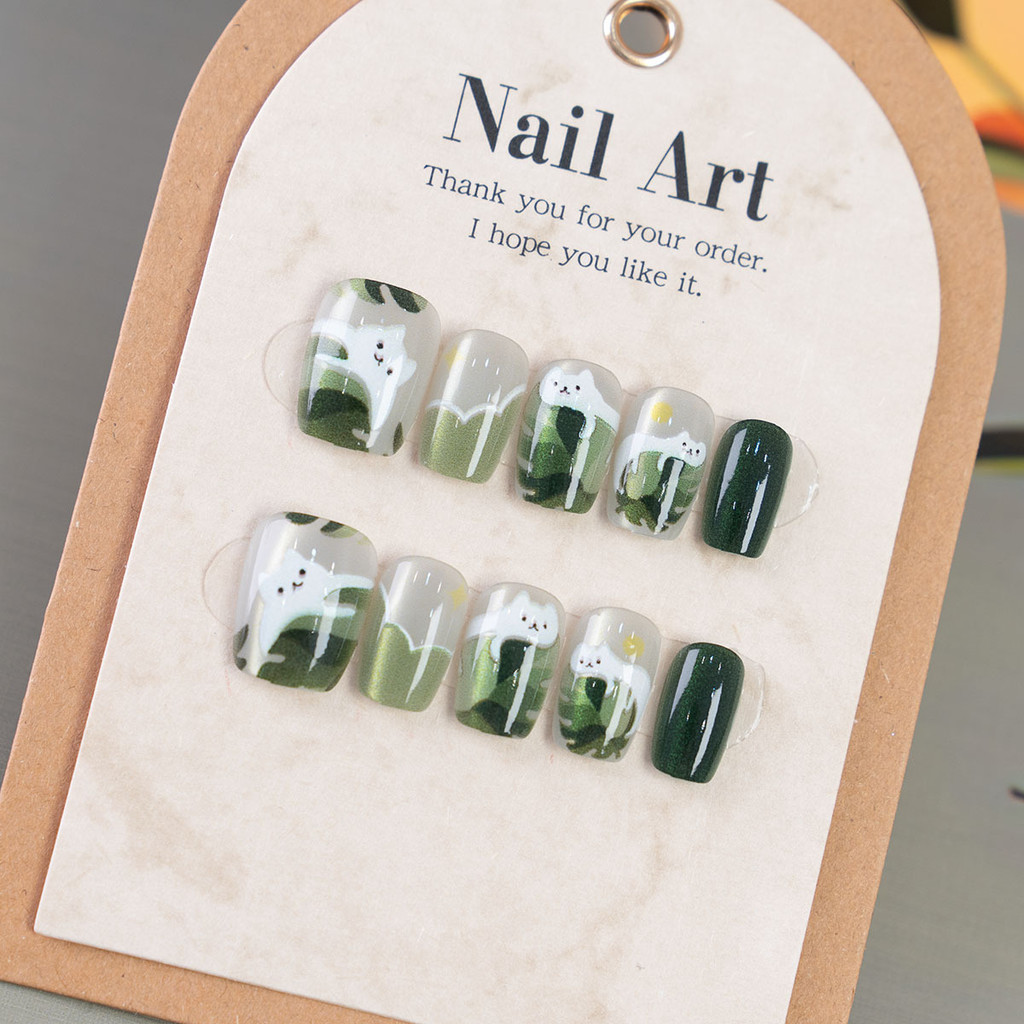 10ชิ้นแฮนด์เมดสีเขียวขี้เกียจแมวเล็บปลอม