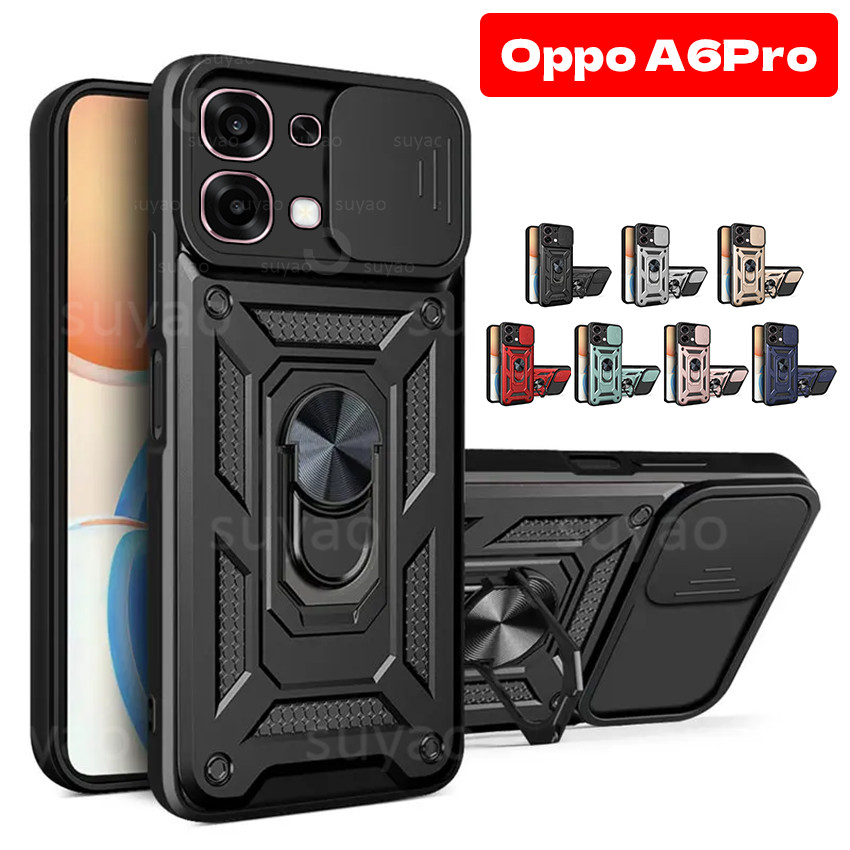 สําหรับOppo A6Pro 2025 เคสโทรศัพท์แหวนขาตั้งปลอกOppoA6Pro A6 Proเลนส์Push-Pullสไลด์กล้องเกราะป้องกันกันชนกันกระแทกขอบนุ่มฮาร์ดพีซีปกหลัง