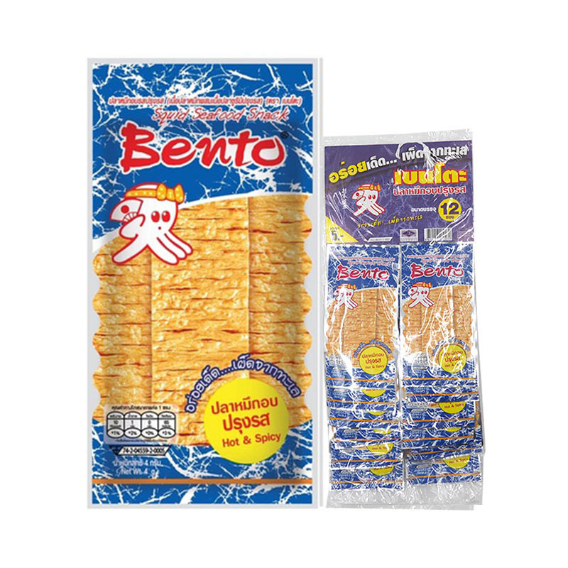 เบนโตะ ปลาหมึกอบปรุงรส 4 ก. x 12 (BENTO Squid Seafood Snack Hot & Spicy 4 g x 12)