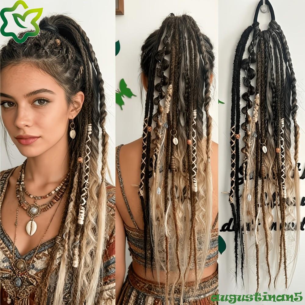 AUGUSTINAN พื้นผิว Dreadlock หางม้า, Handcrafted Ombre ผู้หญิงถักวิกผม, Boho สังเคราะห์ยืดหยุ่นต่อผม Twist Braid Hairpiece DIY