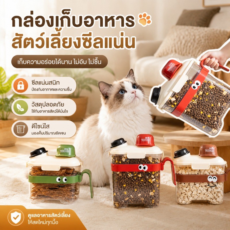 ถังเก็บอาหารสัตว์เลี้ยง ถังอาหารแมว ถังอาหารสุนัข ถังปิดผนึกกันความชื้นและแมลง เห็นภาพ ทนทาน