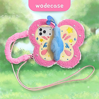 WODECASE Sugar Flutter Flip Cover Butterfly Case Berbulu Feminine Girly Handbag Softcase dengan Crossbody Strap untuk iPhone 13 14 15 16 17 Pro Max